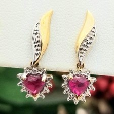 10K Yellow Gold Heart Ruby Dangle Drop Earrin...