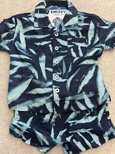 New DKNY Boys Button Down Shirt Shorts Blue Palm Trees 2-Piece Cabana Set 12M
