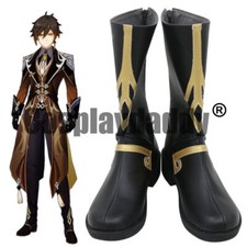 Genshin Impact Liyue Vago Mundo Zhongli Cosplay Black Shoes Mid Calf Boots /