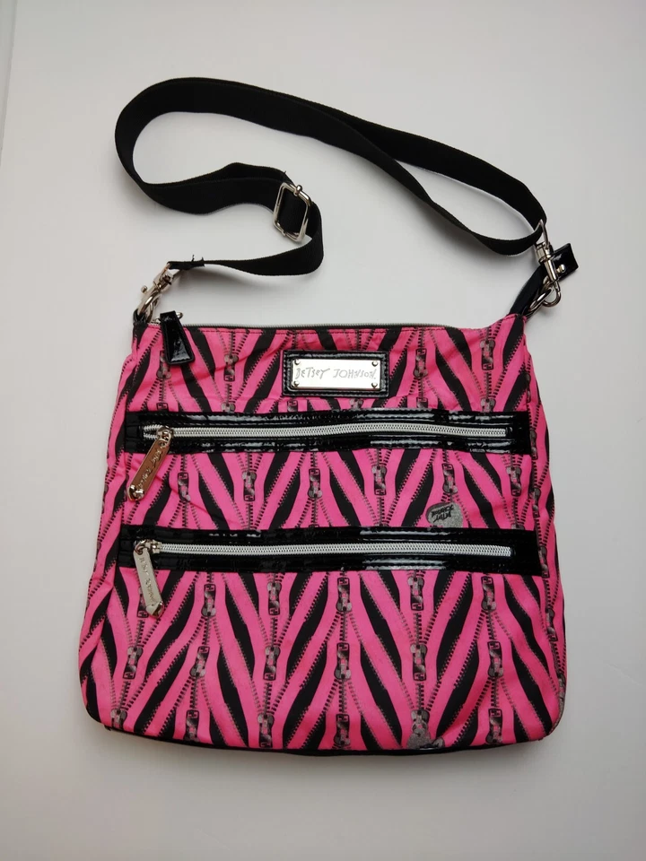 Betsey Johnson XOX Zebra & Zippers Black and Pink Crossbody Adjustable Strap
