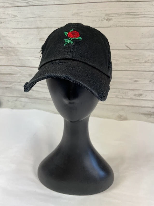 KBETHOS Fashion Embroidered ROSE Ripped Black Baseball Cap Hat