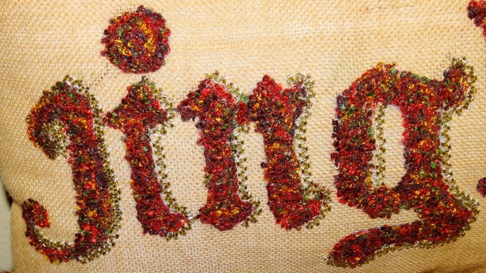 2 Burlap Jingle Bell Lumbar Throw Pillow Rustic Christmas Decor 19"x13" Beaded - Image 3 of 4