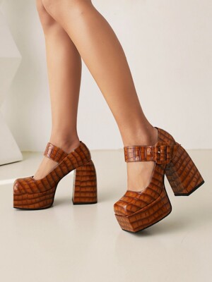 Womens Square Toe Ultra High Block Heel Heels Grid Chunky Platform Banquet Shoes