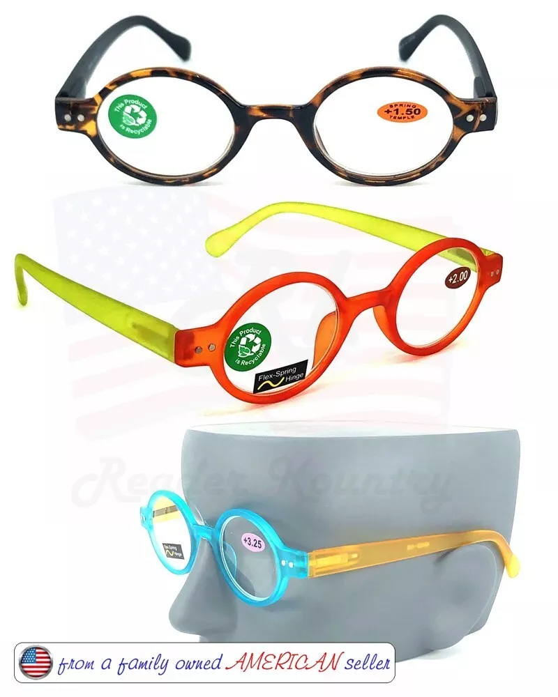 FROM RECYCLED MATERIALS ROUND READING GLASSES 1.25 to 4.00 FLEX SPRING HINGES