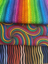 LOT of 3 FABRICS in BRIGHT Rainbow COLORS different designs that coordinate 3+yd