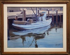 Don Miles - Fishing Boat in the Harbor - 1960s Oil painting