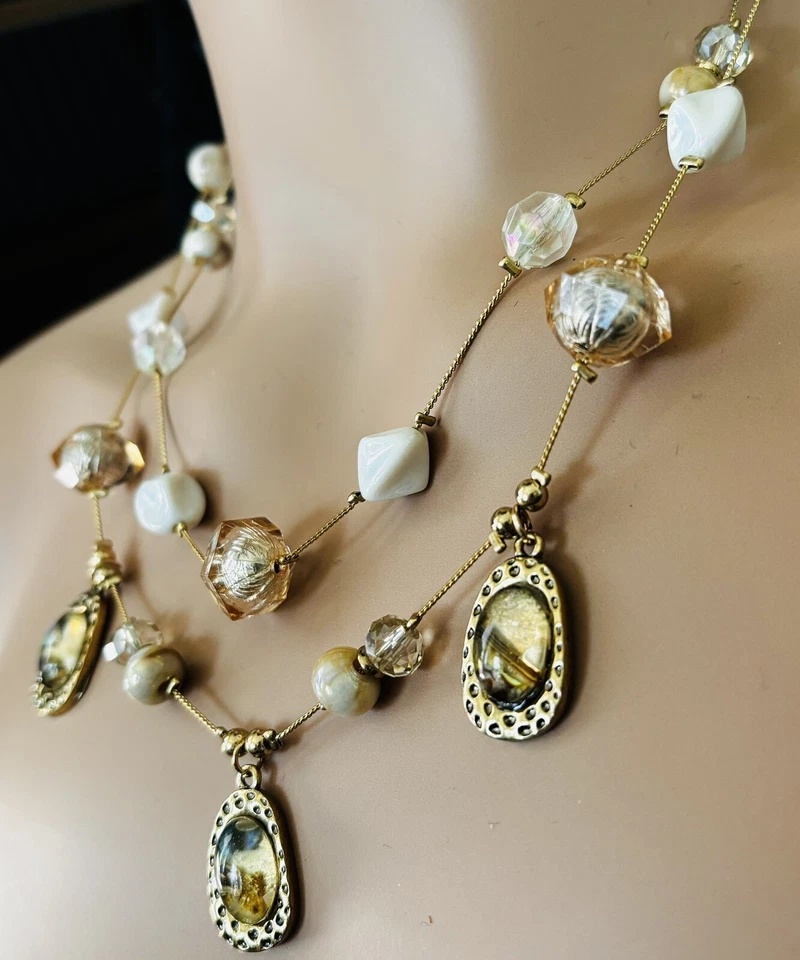 Collar de cuentas de lámina de oro rosa con perlas flotantes de 2 hilos mop cabujones tonos rosas 24 Foto 3 de 4