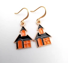Haunted House Halloween Enamel Black and Orange Earrings