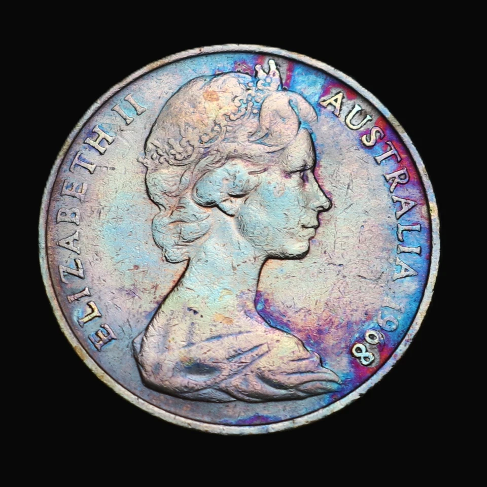 Australia 1968 tonificado 10 centavos con tono arco iris KM# 65 Foto 2 de 2