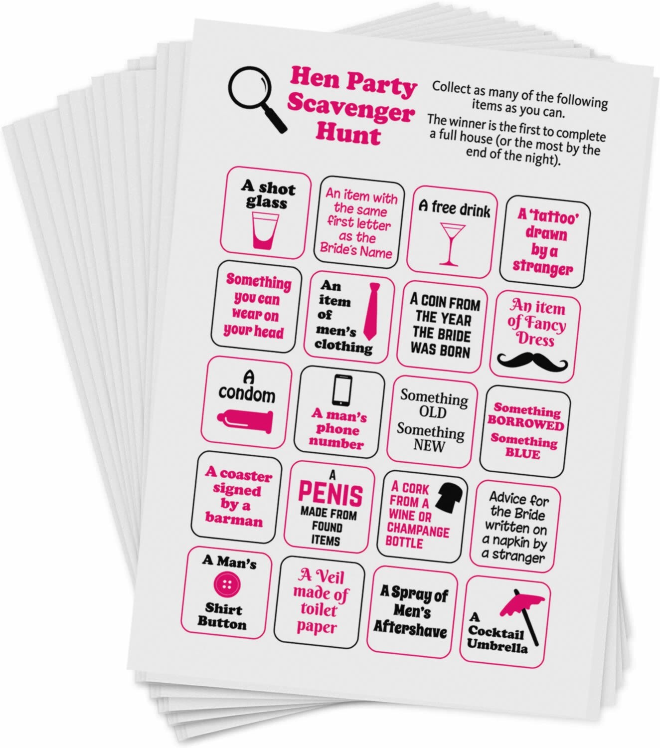 Hen Party Scavenger Hunt Game (24 game cards) - Scavenger Hunt Hen Party Games,