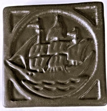 Pewabic Detroit Ship, 6" x 6" tile, black matte finish, stamped 1998