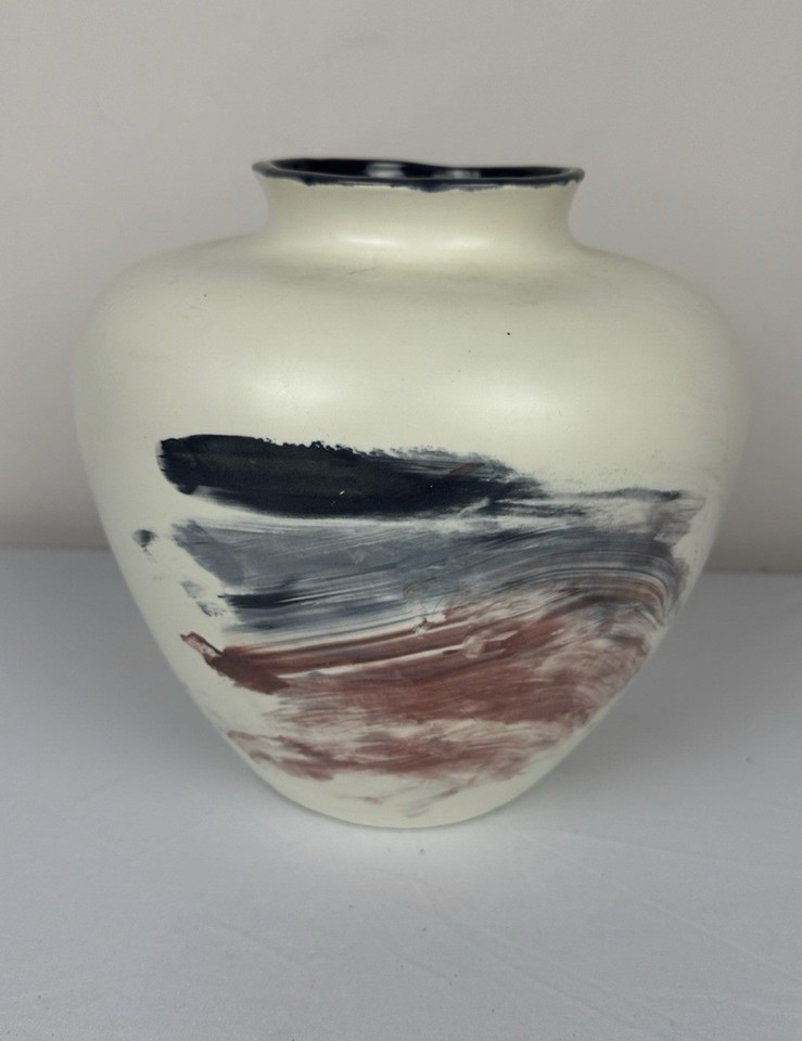 Studio Pottery Vase Abstract Brushstroke Cream Mid Century Modern Ceramic 8”