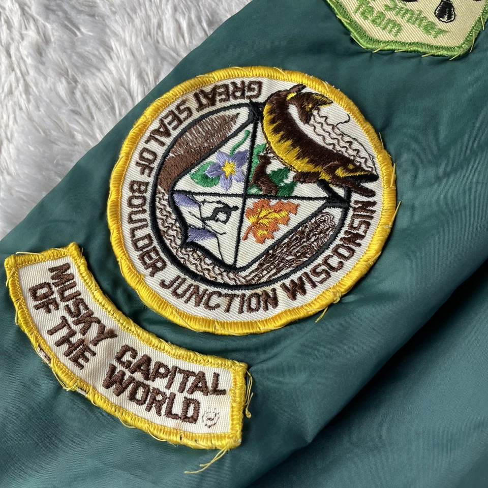 Chaqueta de pesca vintage para hombre parches verdes medianos señuelo almizcle exterior Gorp años 80 Foto 4 de 4