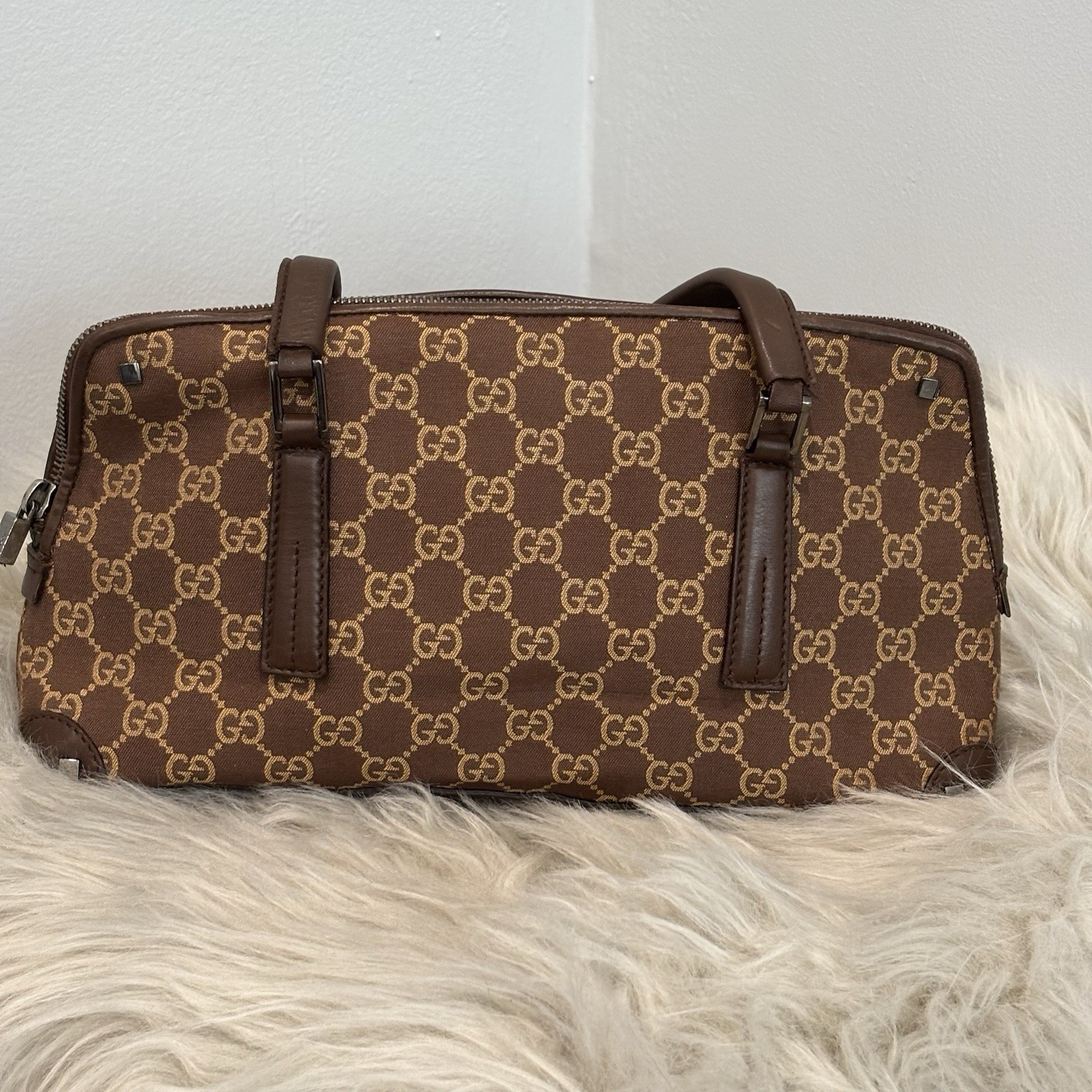 Vintage Gucci GG Brown Canvas Leather Shoulder Bag-image