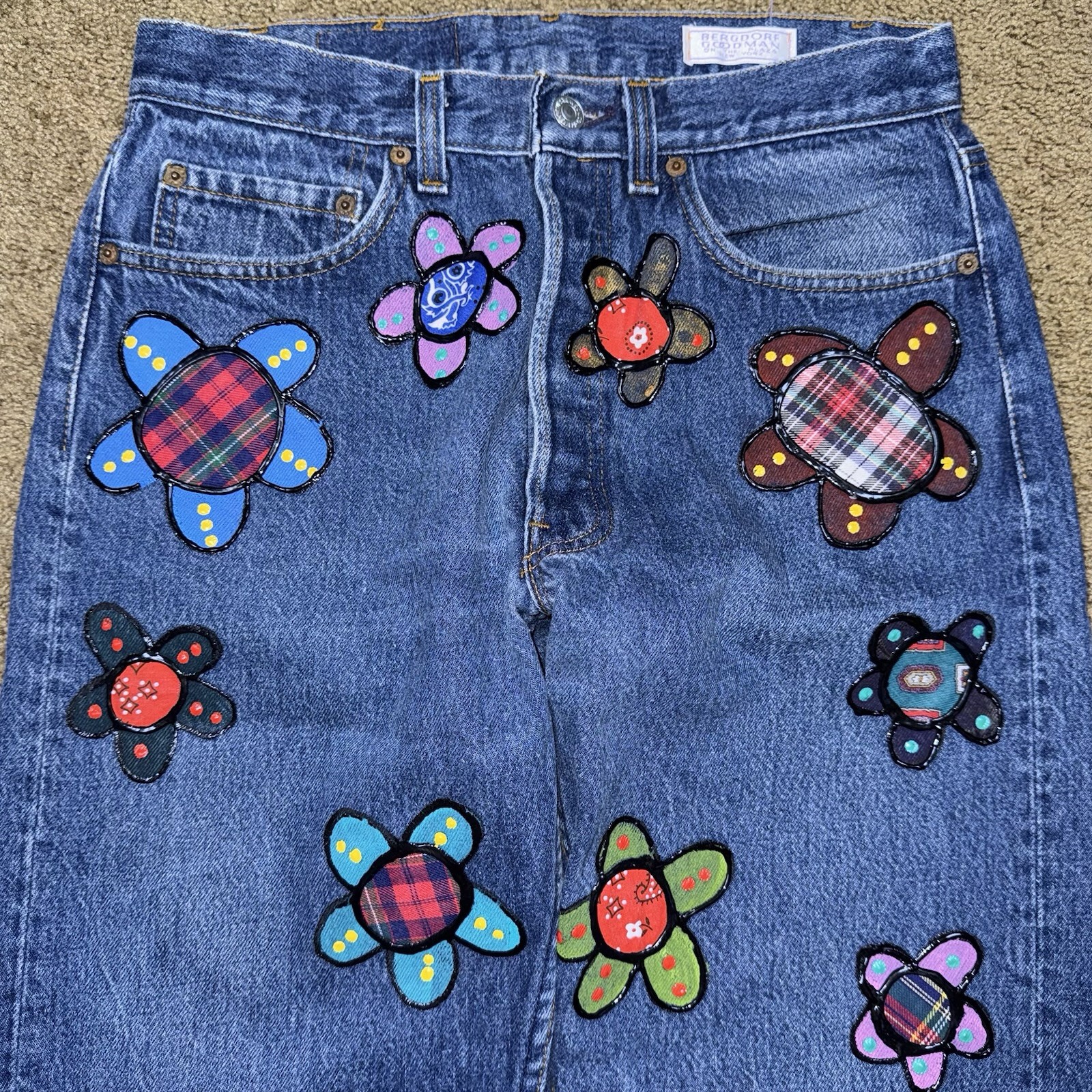 RARE Vintage Leslie Hamel Levis 501 Jeans Handpainted Appliqued Floral Patchwork image 3