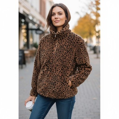 Abercrombie & Fitch Leopard Faux Fur Jacket Size Small Half Zip Teddy Bear Coat