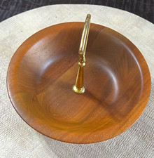Vintage Walnut Bowl Wood Bowl w/ Brass Handle, Brown/Gold, Round Smooth Finish