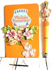 HANDCRAFTED  BEADED  PEN  & NOTE PAD  SET Forget The Mistake Remember The Lesson