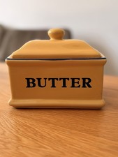 Vintage 1997 Premier Housewares Ceramic Butter Dish Yellow Blue Trim Country