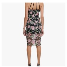 GUESS Black Floral Embroidered Mesh Cage Back Midi Sheath Dress Pink Red Rose 8
