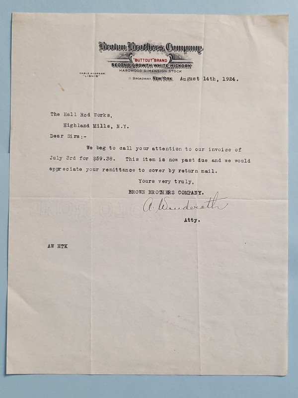 20thC Highland Mills,N.Y.,Billhead original letter white hickory fishing rods