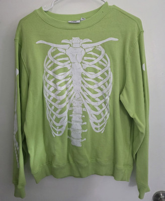 Spooky Skeleton Rib Cage Mighty Fine Brand Neon Green Halloween Sweatshirt NWOT