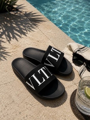 Valentino Garavani Men's VLTN Logo Rubber Slide Sandals Black/White Size 11