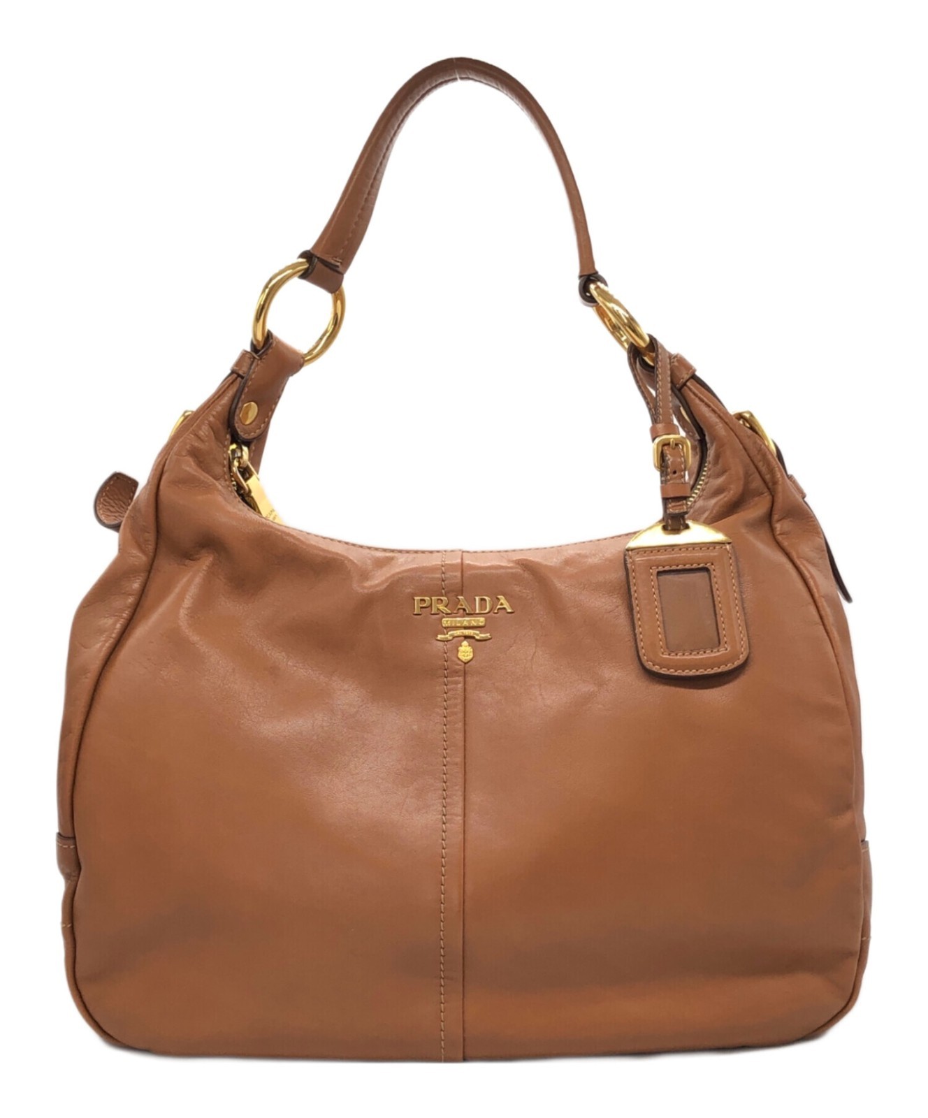 PRADA Hobo Bag Shoulder Bag Leather Brown Leather Dust Bag BR4373 Name Tag