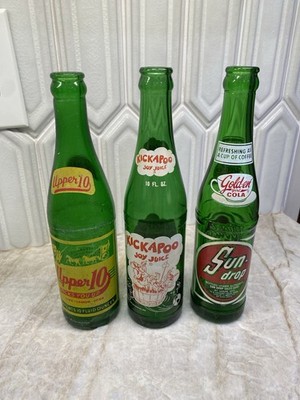 Vtg Lot (3) Green ACL Soda Bottle 1958-65 Kickapoo Joy Juice, Sun-drop, Upper 10