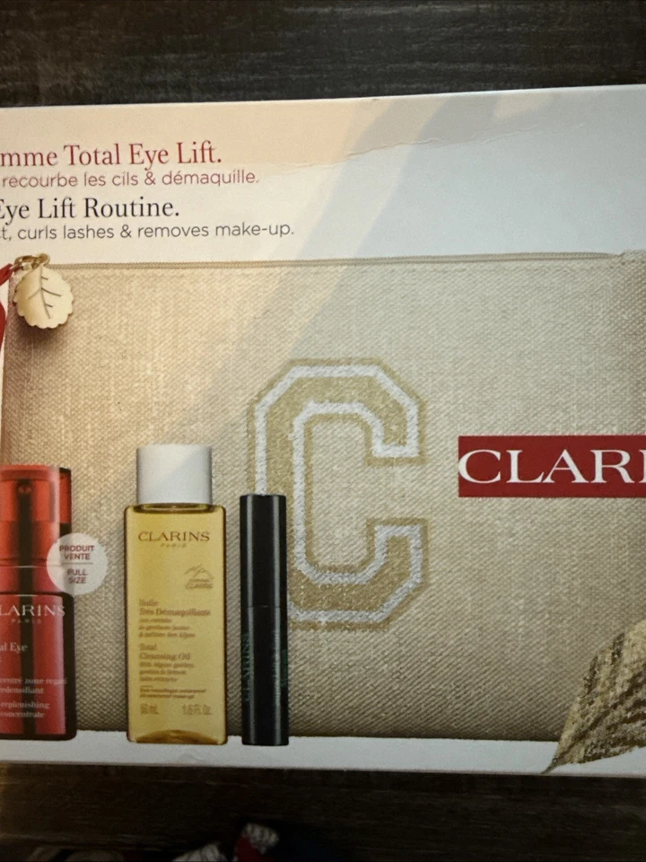 NUEVO Bolso Clarins Cremallera Beige Lona Brillo Arpillera Cosméticos Bolsa Foto 3 de 3