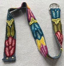 Jenny Krauss Women  s Homemade Wool Embroidered Blue Floral Boho Belt