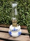 VTG Milk Glass Oil Lamp Blue Floral Hand Painted Hurricane Chimney