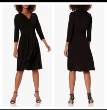 Nine West Women's Black 3/4 Sleeve Faux Wrap Ruched Dress Size 16
