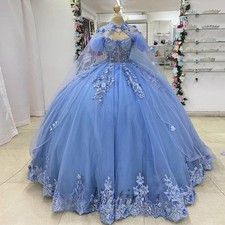 BallGown QuinceaneraDress with Cloak Draped Puff Sleeves 3DAppliques Rhinestones