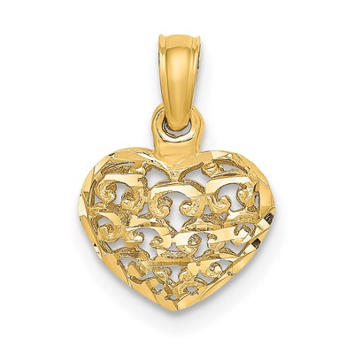 10K Gelbgold 3-D und Diamantschliff Mini gepufftes Herz Charm