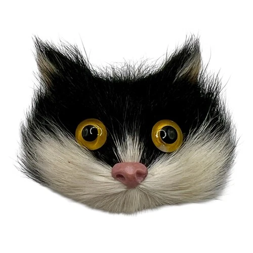 Vintage Black and White Fur Cat Face Brooch Pin Costume Jewelry