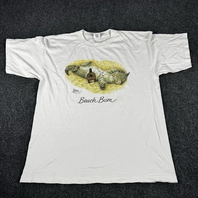 Vintage 90s Bob Harrison Beach Bum T Shirt Mens XL White Kitten On The Beach