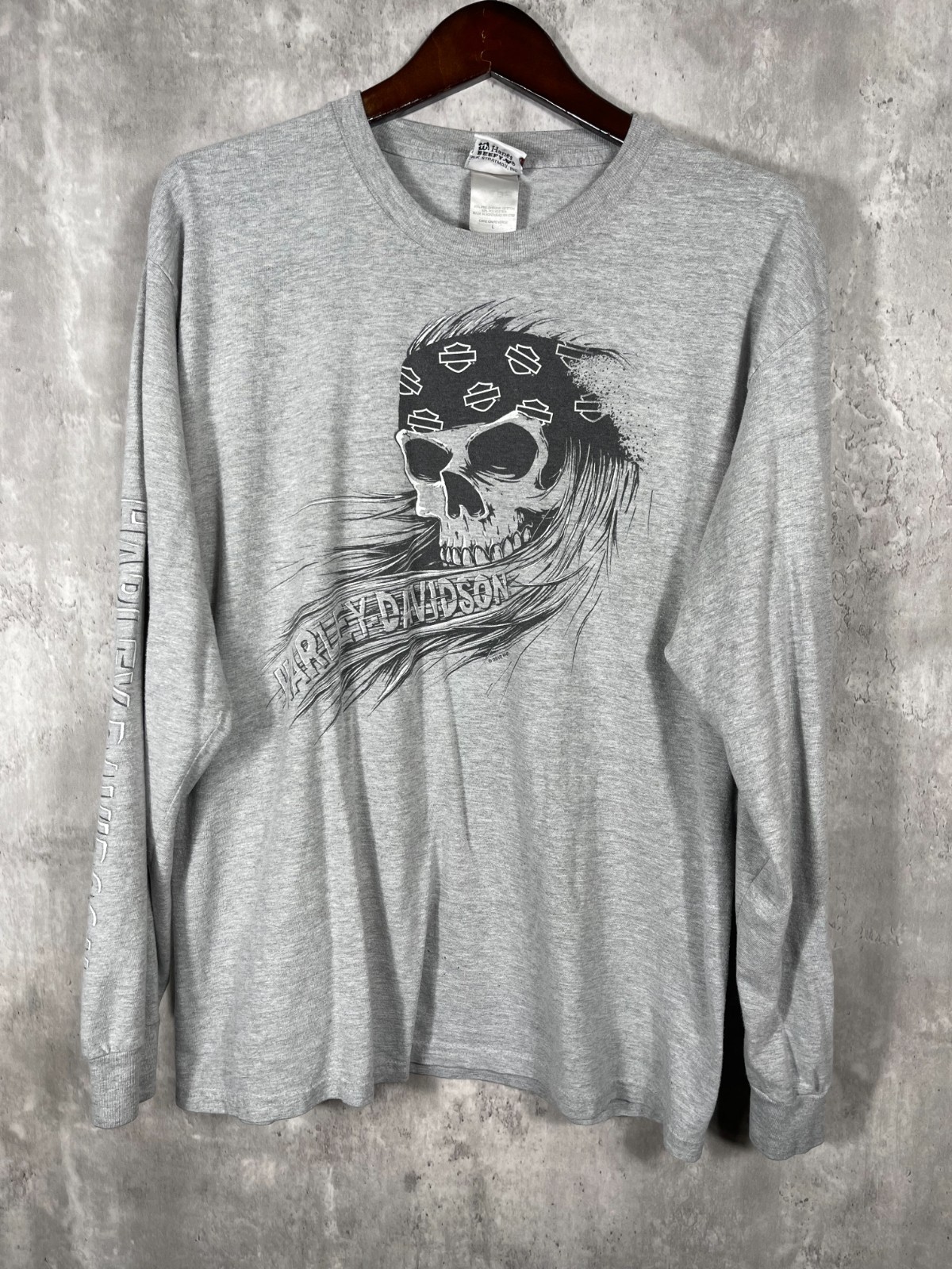 Harley Davidson Shirt Mens Large Gray Long Sleeve Skull Spellout Sleeves