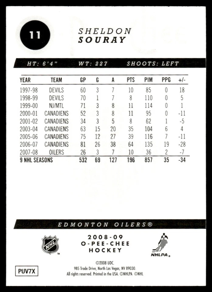 2008-09 O-Pee-Chee Gold Sheldon Souray Edmonton Oilers #11 - Image 2 of 2