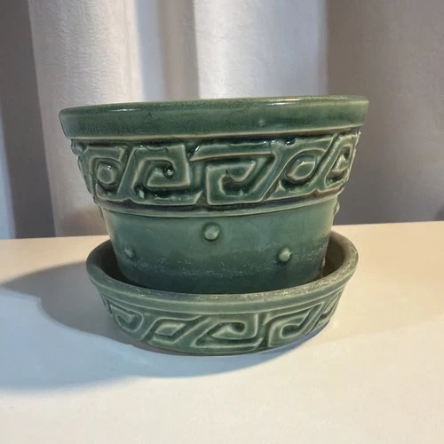 MCM McCoy Pottery Green Greek Key And Dot Small Planter With Saucer