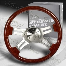 W-Power 406mm Dark Wood Grip 5-Hole Billet 4-Spoke 16-Inch Steering Wheel + Horn