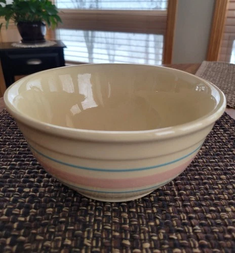 VINTAGE MCCOY USA POTTERY PINK&BLUE STRIPE 7" OVENPROOF BOWL
