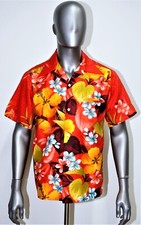 Vintage Late 1960s SEARS Hawaiian Hibiscus Floral print mens button shirt size M