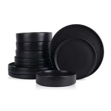 Stoneware 12-Piece Round Dinnerware Set Family Party Dinner Set Plates Set Black