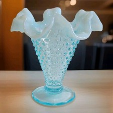 Fenton Opalescent Aqua Blue Hobnail Ruffled 3-3/4" Vase Excellent Condition