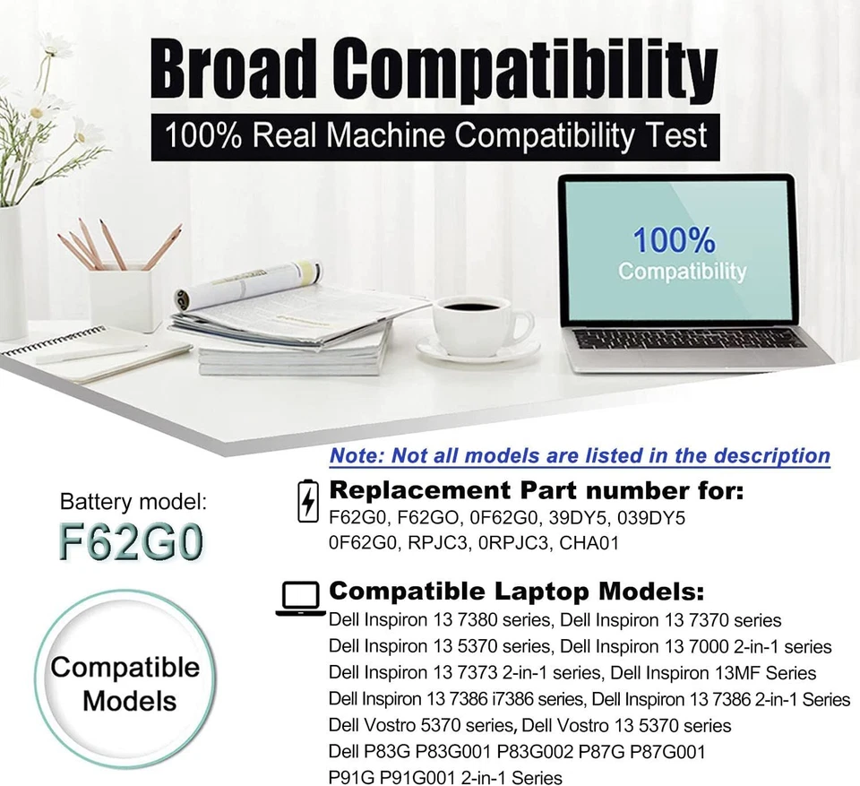 Bateria 38Wh F62G0 para Dell Inspiron 13 7000 2 em 1 Series 7373 7370 7380 7386 - Imagem 4 de 4