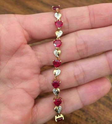 Tennis Bracelet 6Ct Created Heart Cut Red Ruby Women's 14K Yellow Gold Finish 7''