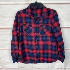 NET Ladies Top Womens 10 Blue Red Plaid Flannel Button Up Shirt Pockets Collar