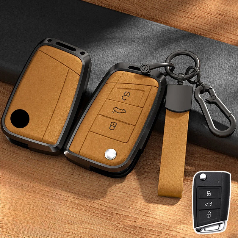 Alloy Leather Car Key Case Cover For VW Tiguan Golf Polo MK7 Karoq Skoda Seat Foto 3 de 4