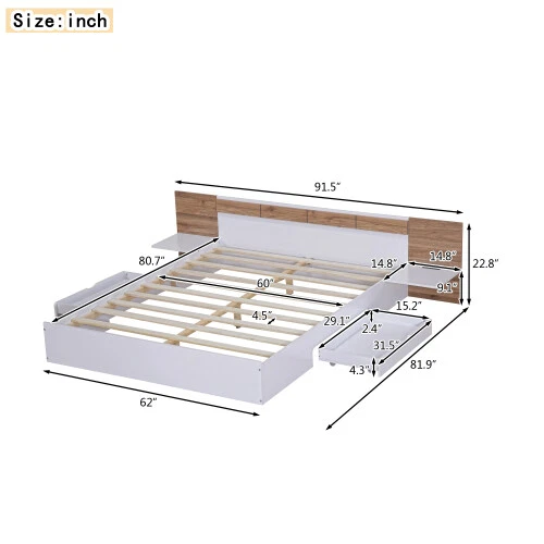 Queen Size Platform Bed Frames with Headboard Drawers Shelves USB Ports Sockets  - Image 3 of 4